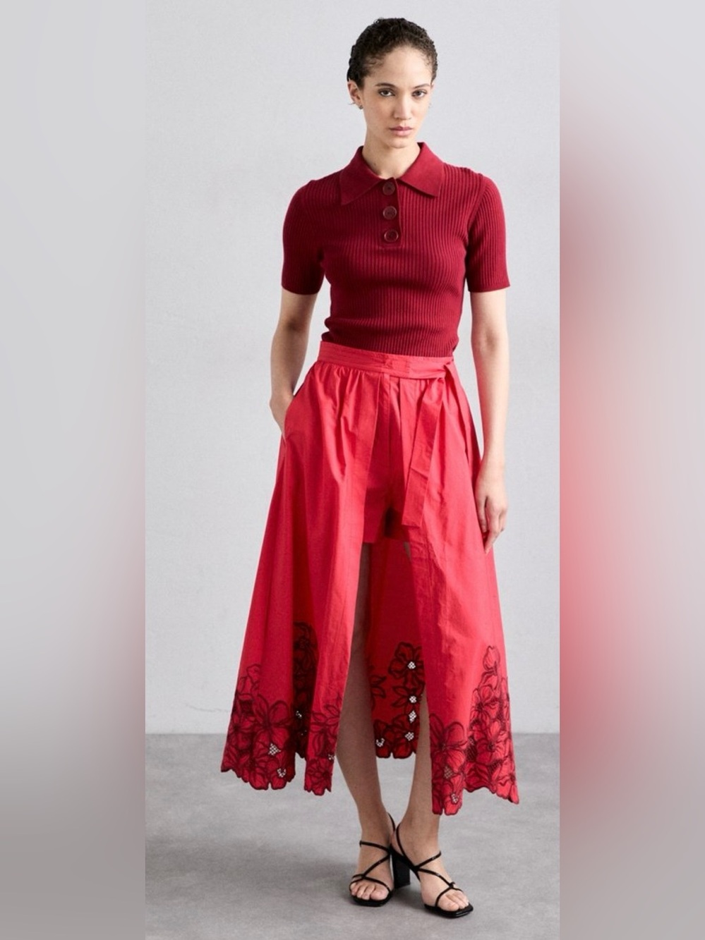 Sandro Red High-Low Embroidered Split Midi Skirt